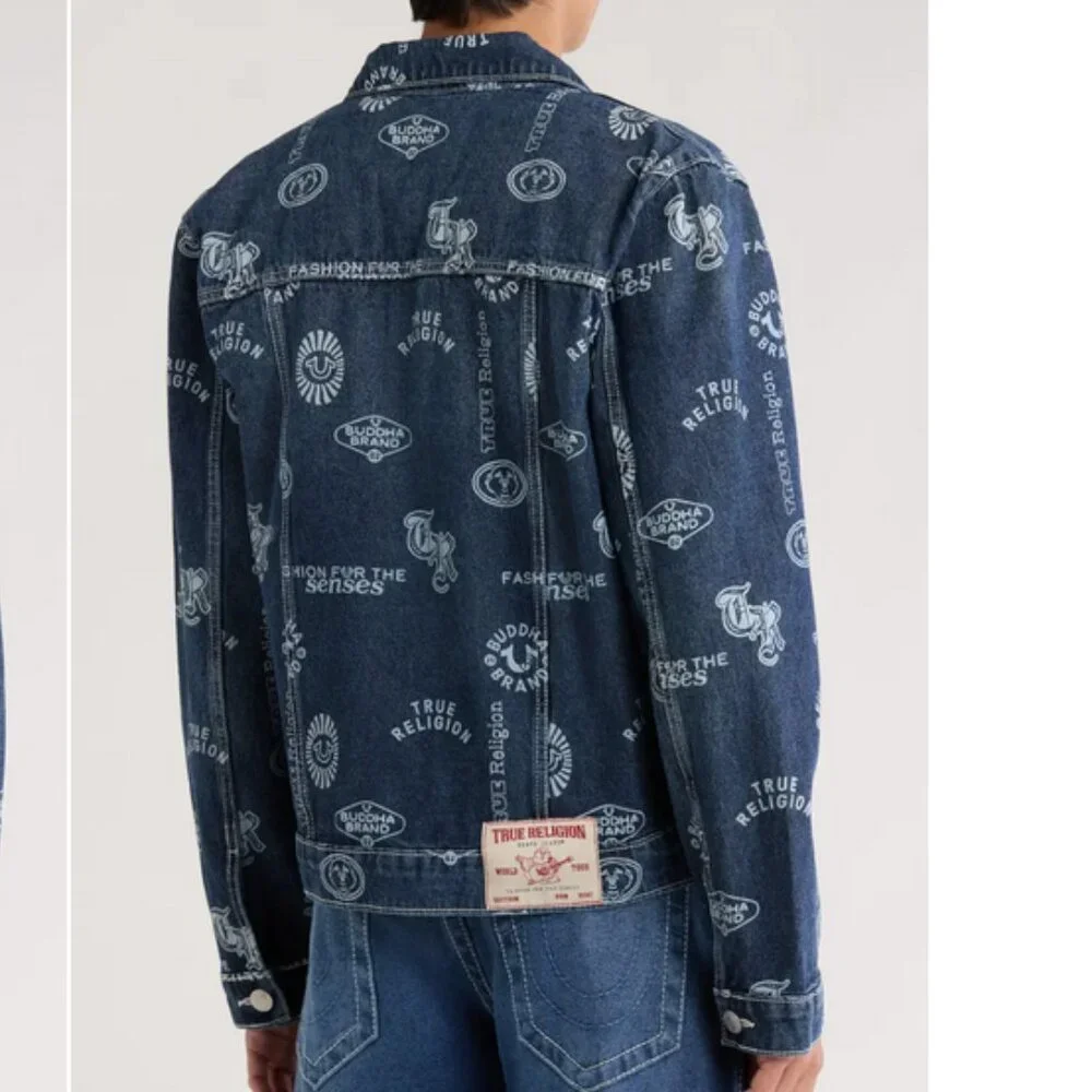 True Religion AOP Logo Denim SN Jacket Medium Rustic Barn Wash Size XL NWT - Picture 4 of 12